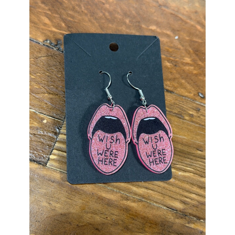 Wish U Were Here Pink Glitter Tongue Acrylic Drop Earrings Y2K Statement Jewelry